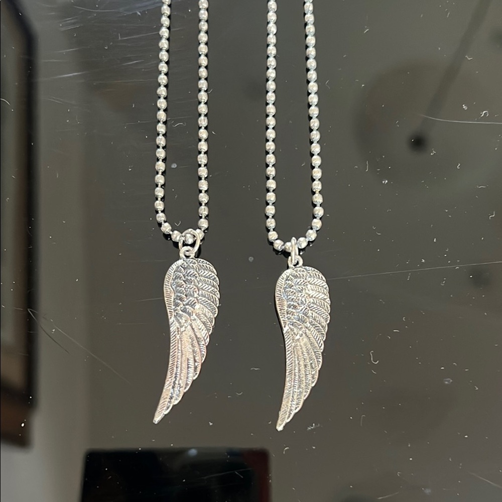 2 Elegant Silver Toned Wing 1.5” Pendant 10”Necklaces Best Friends